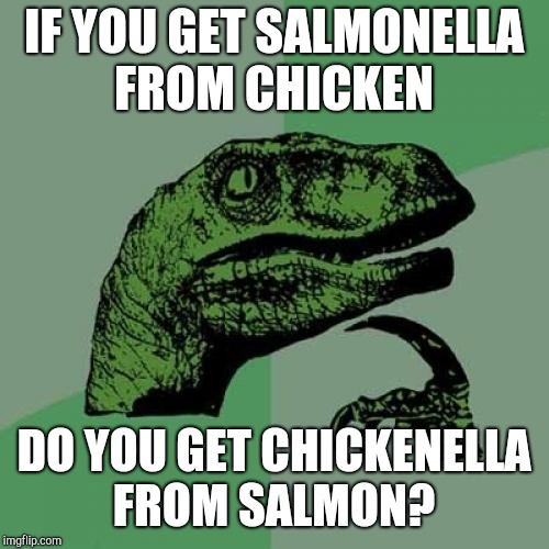 I should have thought of this one during chicken week lol  |  IF YOU GET SALMONELLA FROM CHICKEN; DO YOU GET CHICKENELLA FROM SALMON? | image tagged in memes,philosoraptor,jbmemegeek,chicken week,salmon | made w/ Imgflip meme maker