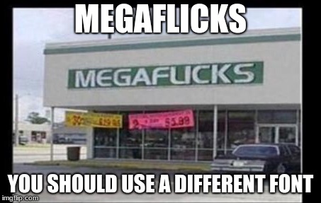 Megaflicks prolly got some weird peeps to buy some weird things | MEGAFLICKS; YOU SHOULD USE A DIFFERENT FONT | image tagged in mega fail,fonts matter | made w/ Imgflip meme maker