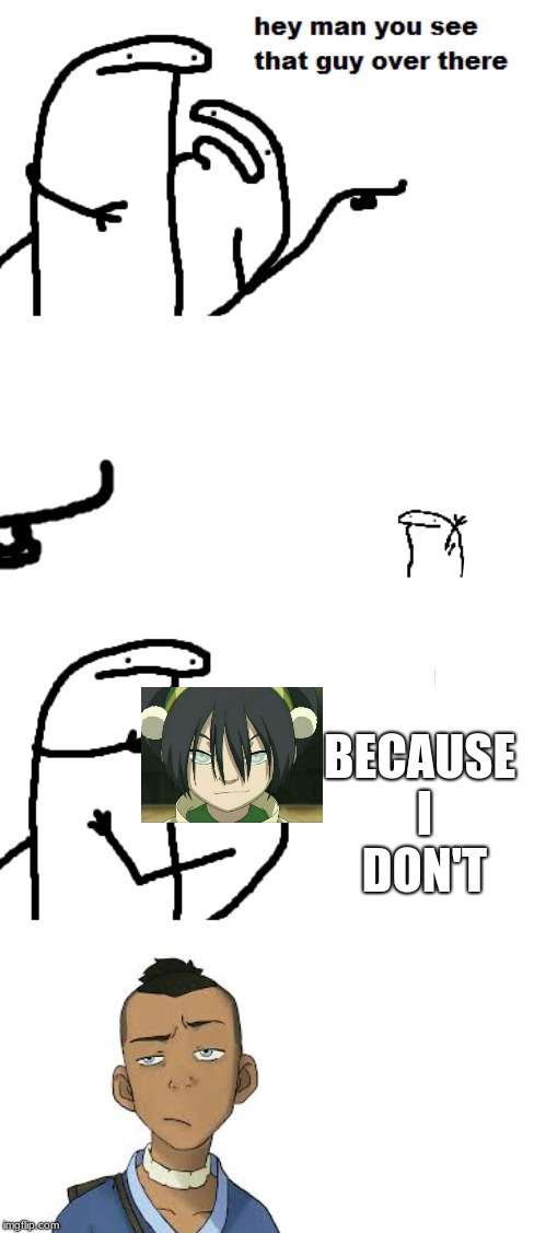 Toph | BECAUSE I DON'T | image tagged in hey man you see that guy over there,avatar,sokka,toph | made w/ Imgflip meme maker