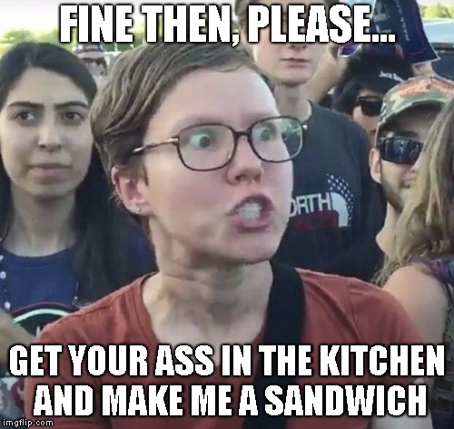 Sandwich makers of the world unite | FINE THEN, PLEASE... GET YOUR ASS IN THE KITCHEN AND MAKE ME A SANDWICH | image tagged in triggered feminist | made w/ Imgflip meme maker