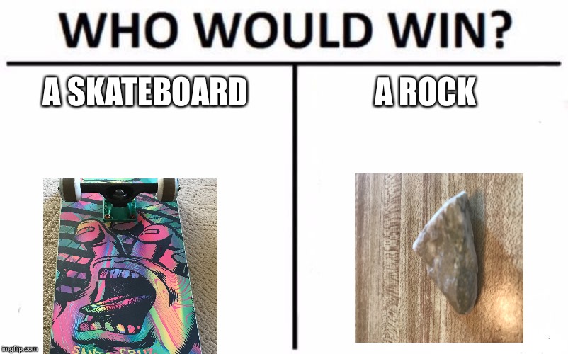 Who Would Win? Meme | A SKATEBOARD; A ROCK | image tagged in memes,who would win | made w/ Imgflip meme maker