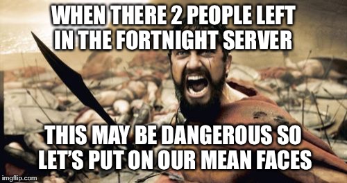 A good meme | WHEN THERE 2 PEOPLE LEFT IN THE FORTNIGHT SERVER; THIS MAY BE DANGEROUS SO LET’S PUT ON OUR MEAN FACES | image tagged in memes | made w/ Imgflip meme maker