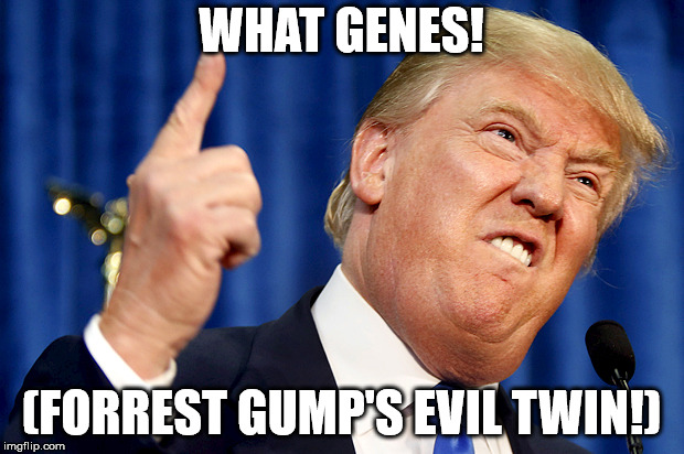 Donald Trump | WHAT GENES! (FORREST GUMP'S EVIL TWIN!) | image tagged in donald trump | made w/ Imgflip meme maker
