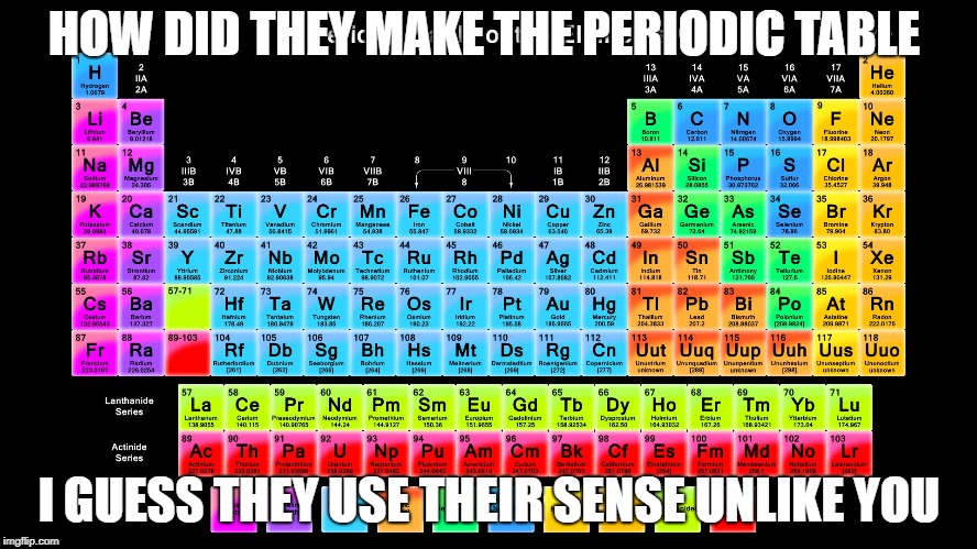 Periodic Table of Elements | HOW DID THEY MAKE THE PERIODIC TABLE; I GUESS THEY USE THEIR SENSE UNLIKE YOU | image tagged in periodic table of elements | made w/ Imgflip meme maker