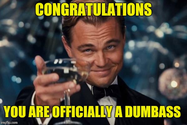 Leonardo Dicaprio Cheers Meme | CONGRATULATIONS; YOU ARE OFFICIALLY A DUMBASS | image tagged in memes,leonardo dicaprio cheers | made w/ Imgflip meme maker