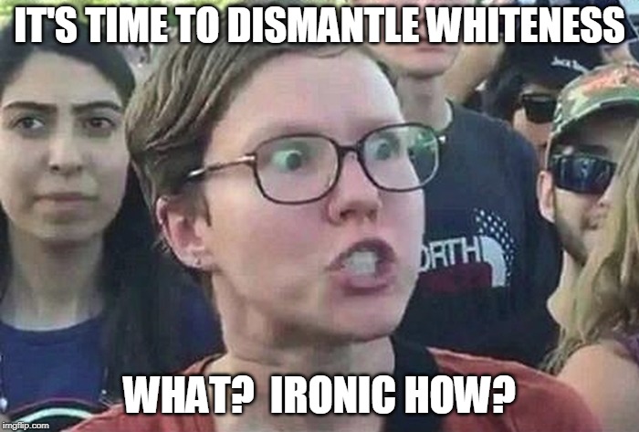 Triggered Liberal | IT'S TIME TO DISMANTLE WHITENESS; WHAT?  IRONIC HOW? | image tagged in triggered liberal,political correctness | made w/ Imgflip meme maker