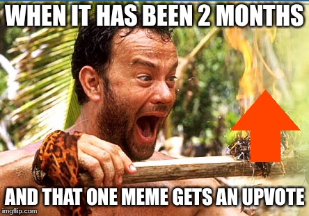 Castaway Fire | WHEN IT HAS BEEN 2 MONTHS; AND THAT ONE MEME GETS AN UPVOTE | image tagged in memes,castaway fire | made w/ Imgflip meme maker