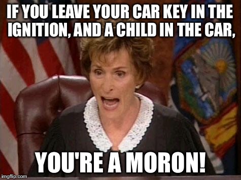 Child is taking your car idiot | IF YOU LEAVE YOUR CAR KEY IN THE IGNITION, AND A CHILD IN THE CAR, YOU'RE A MORON! | image tagged in judge judy,memes,child,stupid people,driver,key | made w/ Imgflip meme maker