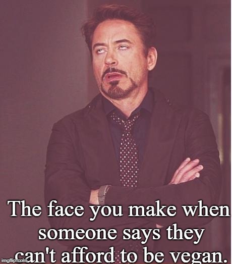 Face You Make Robert Downey Jr | The face you make when someone says they can't afford to be vegan. | image tagged in memes,face you make robert downey jr | made w/ Imgflip meme maker