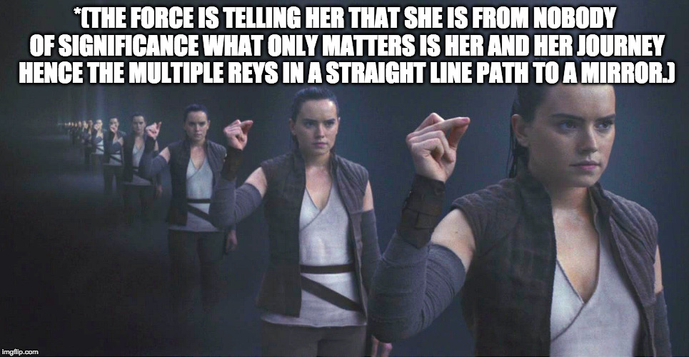 *(THE FORCE IS TELLING HER THAT SHE IS FROM NOBODY OF SIGNIFICANCE WHAT ONLY MATTERS IS HER AND HER JOURNEY HENCE THE MULTIPLE REYS IN A STRAIGHT LINE PATH TO A MIRROR.) | made w/ Imgflip meme maker