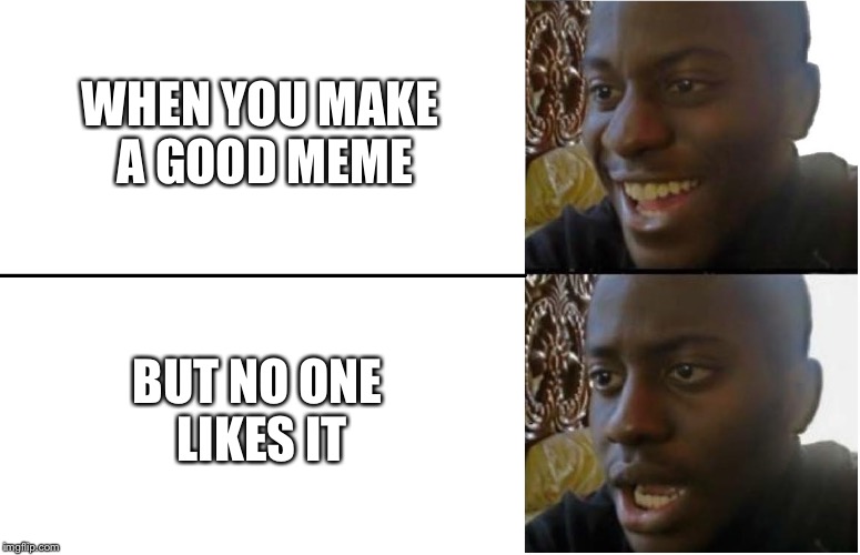 Disappointed Black Guy | WHEN YOU MAKE A GOOD MEME; BUT NO ONE LIKES IT | image tagged in disappointed black guy | made w/ Imgflip meme maker