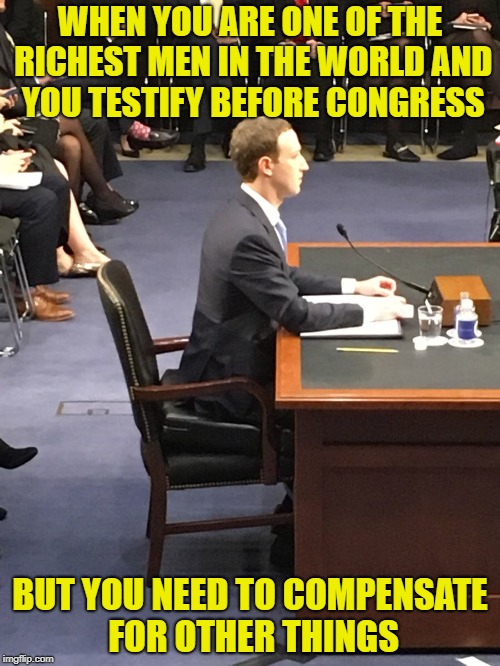 WHEN YOU ARE ONE OF THE RICHEST MEN IN THE WORLD AND YOU TESTIFY BEFORE CONGRESS; BUT YOU NEED TO COMPENSATE FOR OTHER THINGS | image tagged in zuckerberg cushion | made w/ Imgflip meme maker
