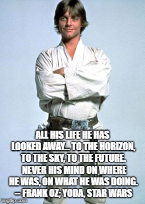 Luke Skywalker | ALL HIS LIFE HE HAS LOOKED AWAY... TO THE HORIZON, TO THE SKY, TO THE FUTURE.  NEVER HIS MIND ON WHERE HE WAS, ON WHAT HE WAS DOING. -- FRANK OZ; YODA, STAR WARS | image tagged in luke skywalker | made w/ Imgflip meme maker