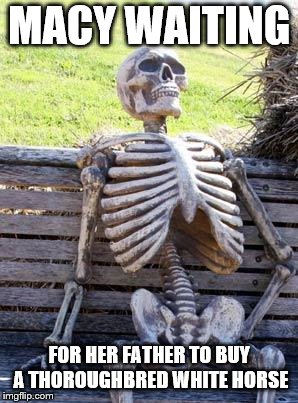 Waiting Skeleton | MACY WAITING; FOR HER FATHER TO BUY A THOROUGHBRED WHITE HORSE | image tagged in memes,waiting skeleton | made w/ Imgflip meme maker