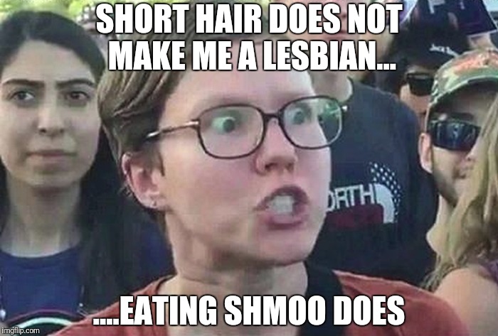 Triggered Liberal | SHORT HAIR DOES NOT MAKE ME A LESBIAN... ....EATING SHMOO DOES | image tagged in triggered liberal | made w/ Imgflip meme maker