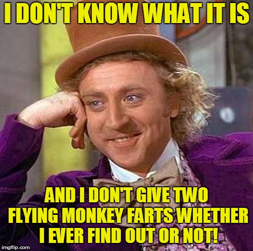 Creepy Condescending Wonka Meme | I DON'T KNOW WHAT IT IS AND I DON'T GIVE TWO FLYING MONKEY FARTS WHETHER I EVER FIND OUT OR NOT! | image tagged in memes,creepy condescending wonka | made w/ Imgflip meme maker