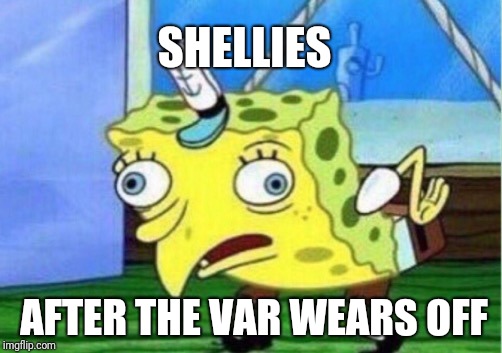 Mocking Spongebob | SHELLIES; AFTER THE VAR WEARS OFF | image tagged in memes,mocking spongebob | made w/ Imgflip meme maker
