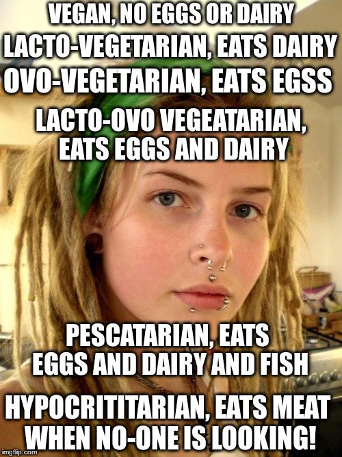 The various levels of vegetarianism | VEGAN, NO EGGS OR DAIRY; LACTO-VEGETARIAN, EATS DAIRY; OVO-VEGETARIAN, EATS EGSS; LACTO-OVO VEGEATARIAN, EATS EGGS AND DAIRY; PESCATARIAN, EATS EGGS AND DAIRY AND FISH; HYPOCRITITARIAN, EATS MEAT WHEN NO-ONE IS LOOKING! | image tagged in vegan,vegetarian,diets,humor,pescatarian | made w/ Imgflip meme maker