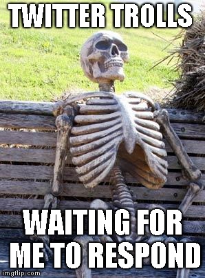 Waiting Skeleton Meme | TWITTER TROLLS; WAITING FOR ME TO RESPOND | image tagged in memes,waiting skeleton | made w/ Imgflip meme maker