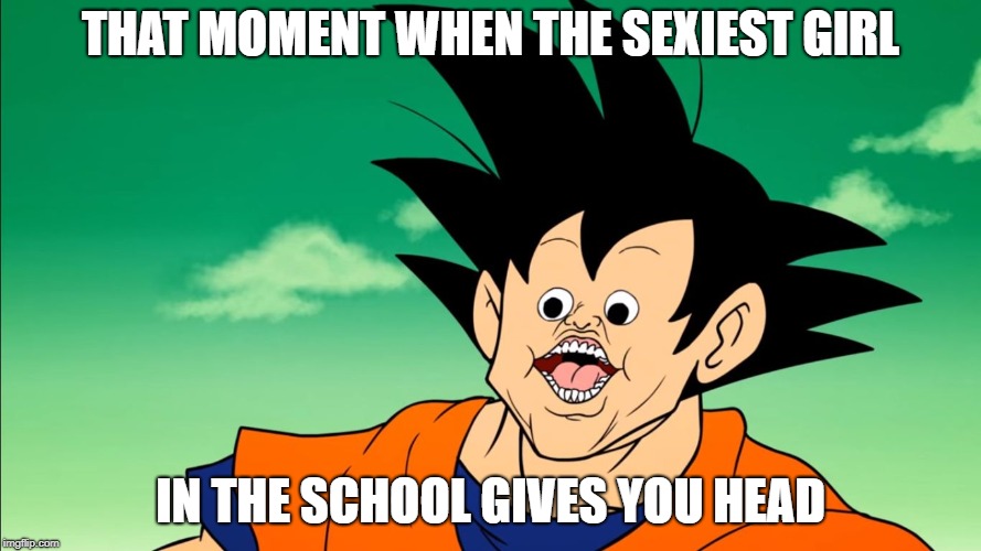 DBZ Funny Goku | THAT MOMENT WHEN THE SEXIEST GIRL; IN THE SCHOOL GIVES YOU HEAD | image tagged in dbz funny goku | made w/ Imgflip meme maker
