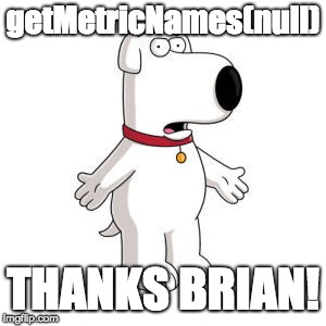 Family Guy Brian | getMetricNames(null); THANKS BRIAN! | image tagged in memes,family guy brian | made w/ Imgflip meme maker
