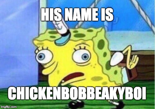 Mocking Spongebob | HIS NAME IS; CHICKENBOBBEAKYBOI | image tagged in memes,mocking spongebob | made w/ Imgflip meme maker