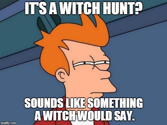 Futurama Fry Meme | IT'S A WITCH HUNT? SOUNDS LIKE SOMETHING A WITCH WOULD SAY. | image tagged in memes,futurama fry | made w/ Imgflip meme maker