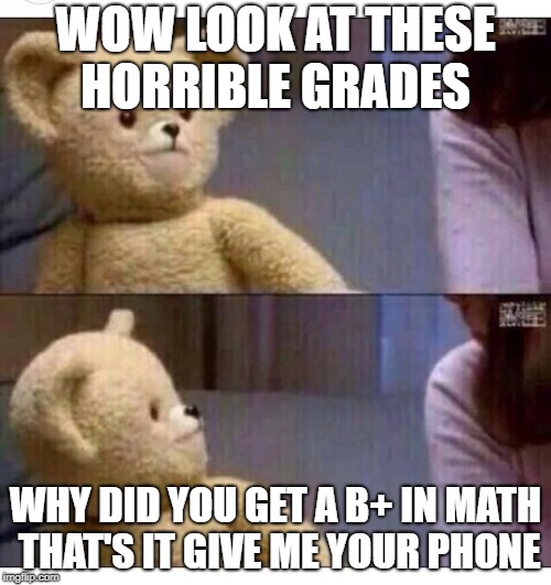 Wait what?? | WOW LOOK AT THESE HORRIBLE GRADES; WHY DID YOU GET A B+ IN MATH THAT'S IT GIVE ME YOUR PHONE | image tagged in wait what | made w/ Imgflip meme maker