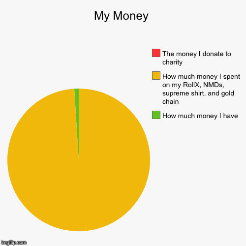 My Money | How much money I have, How much money I spent on my RollX, NMDs, supreme shirt, and gold chain, The money I donate to charity | image tagged in funny,pie charts | made w/ Imgflip chart maker
