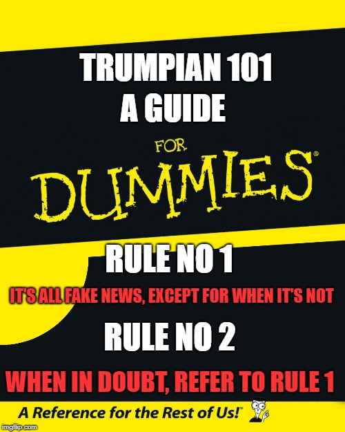 For Dummies | TRUMPIAN 101; A GUIDE; RULE NO 1; IT'S ALL FAKE NEWS, EXCEPT FOR WHEN IT'S NOT; RULE NO 2; WHEN IN DOUBT, REFER TO RULE 1 | image tagged in for dummies | made w/ Imgflip meme maker