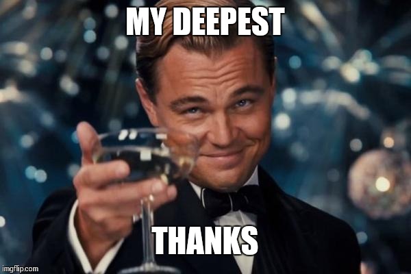 MY DEEPEST THANKS | image tagged in memes,leonardo dicaprio cheers | made w/ Imgflip meme maker