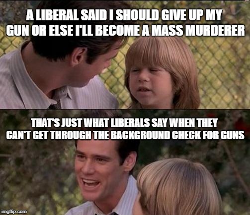 Thats Just Something X Say | A LIBERAL SAID I SHOULD GIVE UP MY GUN OR ELSE I'LL BECOME A MASS MURDERER; THAT'S JUST WHAT LIBERALS SAY WHEN THEY CAN'T GET THROUGH THE BACKGROUND CHECK FOR GUNS | image tagged in memes,thats just something x say,guns,liberal,background check | made w/ Imgflip meme maker