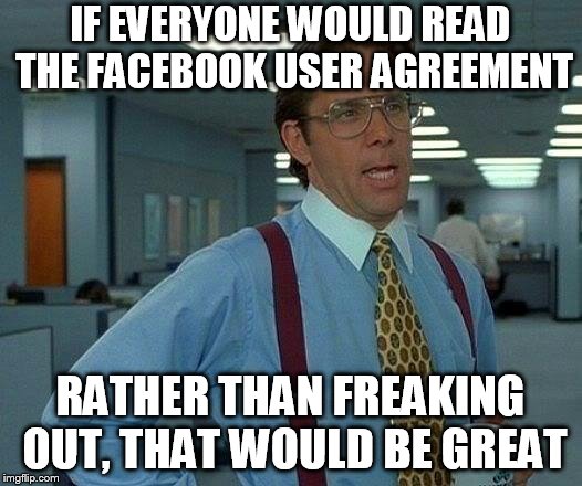 That Would Be Great Meme | IF EVERYONE WOULD READ THE FACEBOOK USER AGREEMENT; RATHER THAN FREAKING OUT, THAT WOULD BE GREAT | image tagged in memes,that would be great | made w/ Imgflip meme maker