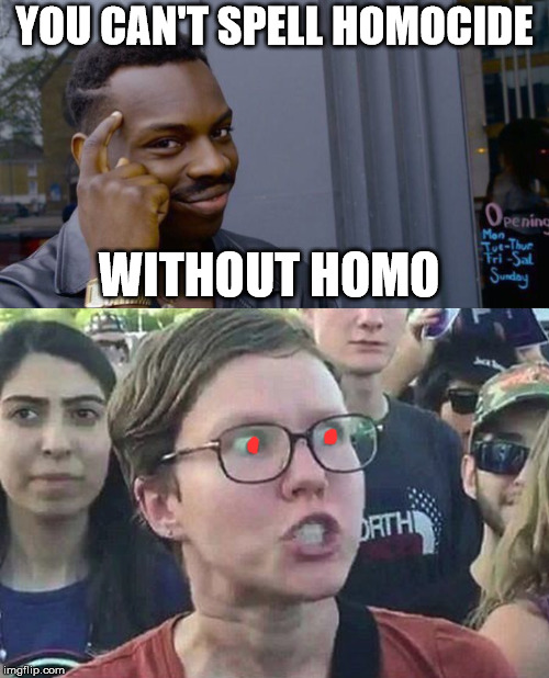 Triggered again | YOU CAN'T SPELL HOMOCIDE; WITHOUT HOMO | image tagged in triggered liberal,homosexuality,smart,roll safe think about it | made w/ Imgflip meme maker
