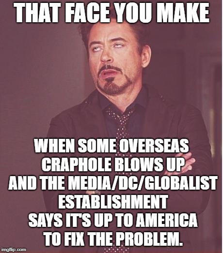 National Interest Interventions Only, Please. | THAT FACE YOU MAKE; WHEN SOME OVERSEAS CRAPHOLE BLOWS UP AND THE MEDIA/DC/GLOBALIST ESTABLISHMENT SAYS IT'S UP TO AMERICA TO FIX THE PROBLEM. | image tagged in memes,face you make robert downey jr | made w/ Imgflip meme maker