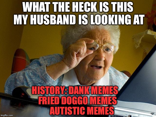Grandma Finds The Internet Meme | WHAT THE HECK IS THIS MY HUSBAND IS LOOKING AT; HISTORY: DANK MEMES
   FRIED DOGGO MEMES
       AUTISTIC MEMES | image tagged in memes,grandma finds the internet | made w/ Imgflip meme maker