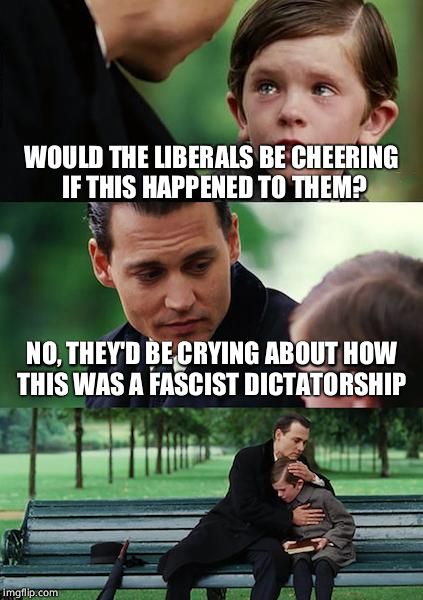 Finding Neverland Meme | WOULD THE LIBERALS BE CHEERING IF THIS HAPPENED TO THEM? NO, THEY'D BE CRYING ABOUT HOW THIS WAS A FASCIST DICTATORSHIP | image tagged in memes,finding neverland | made w/ Imgflip meme maker