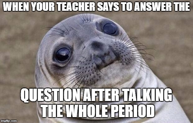 Awkward Moment Sealion | WHEN YOUR TEACHER SAYS TO ANSWER THE; QUESTION AFTER TALKING THE WHOLE PERIOD | image tagged in memes,awkward moment sealion | made w/ Imgflip meme maker