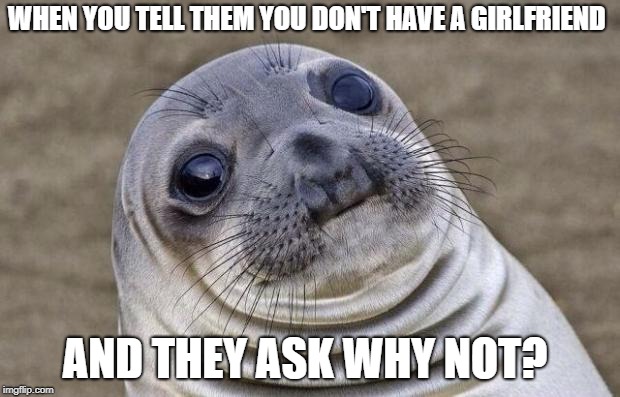 Ever get that follow-up question? | WHEN YOU TELL THEM YOU DON'T HAVE A GIRLFRIEND; AND THEY ASK WHY NOT? | image tagged in memes,awkward moment sealion,girlfriend | made w/ Imgflip meme maker