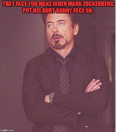 Face You Make Robert Downey Jr Meme | THAT FACE YOU MAKE WHEN MARK ZUCKERBERG PUT HIS HURT BUNNY FACE ON. | image tagged in memes,face you make robert downey jr | made w/ Imgflip meme maker