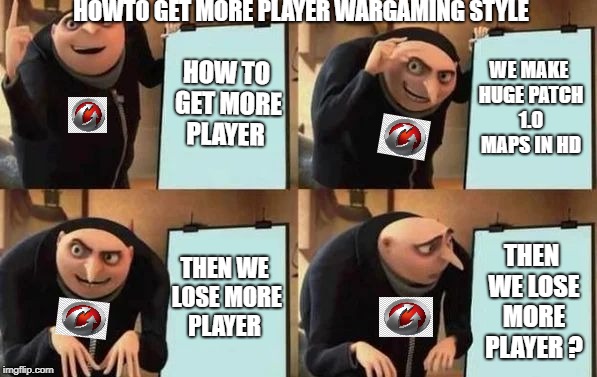 Gru's Plan | HOWTO GET MORE PLAYER WARGAMING STYLE; HOW TO GET MORE PLAYER; WE MAKE HUGE PATCH 1.0 MAPS IN HD; THEN WE LOSE MORE PLAYER; THEN WE LOSE MORE PLAYER ? | image tagged in gru's plan | made w/ Imgflip meme maker