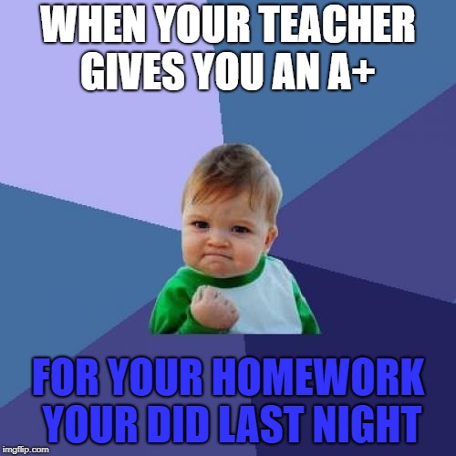 Success Kid Meme | WHEN YOUR TEACHER GIVES YOU AN A+; FOR YOUR HOMEWORK YOUR DID LAST NIGHT | image tagged in memes,success kid | made w/ Imgflip meme maker