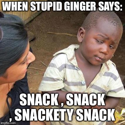 Third World Skeptical Kid Meme | WHEN STUPID GINGER SAYS:; SNACK , SNACK , SNACKETY SNACK | image tagged in memes,third world skeptical kid | made w/ Imgflip meme maker