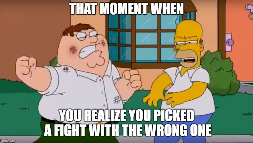 #teamfamilyguy | THAT MOMENT WHEN; YOU REALIZE YOU PICKED A FIGHT WITH THE WRONG ONE | image tagged in family guy,simpsons | made w/ Imgflip meme maker