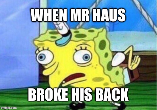 Mocking Spongebob | WHEN MR HAUS; BROKE HIS BACK | image tagged in memes,mocking spongebob | made w/ Imgflip meme maker