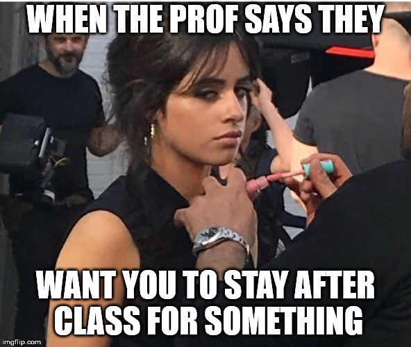 Camila Cabello says it all | WHEN THE PROF SAYS THEY; WANT YOU TO STAY AFTER CLASS FOR SOMETHING | image tagged in school,memes | made w/ Imgflip meme maker
