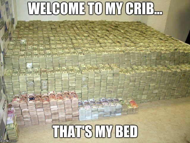 Pile of money | WELCOME TO MY CRIB... THAT'S MY BED | image tagged in pile of money | made w/ Imgflip meme maker