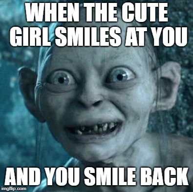 Gollum Meme | WHEN THE CUTE GIRL SMILES AT YOU; AND YOU SMILE BACK | image tagged in memes,gollum | made w/ Imgflip meme maker