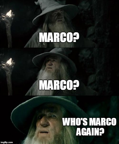 Confused Gandalf Meme | MARCO? MARCO? WHO'S MARCO AGAIN? | image tagged in memes,confused gandalf | made w/ Imgflip meme maker