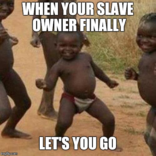 Third World Success Kid Meme | WHEN YOUR SLAVE OWNER FINALLY; LET'S YOU GO | image tagged in memes,third world success kid | made w/ Imgflip meme maker